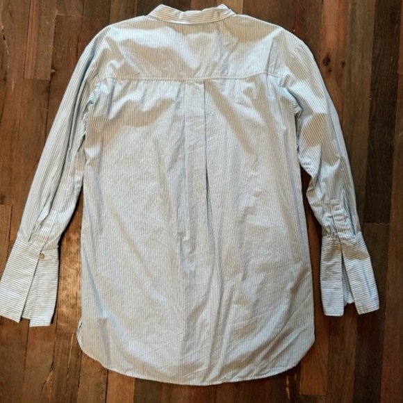 H & M Pinstripe Blue and White Menswear Inspured Long Tuxedo Blouse - Picture 3 of 7